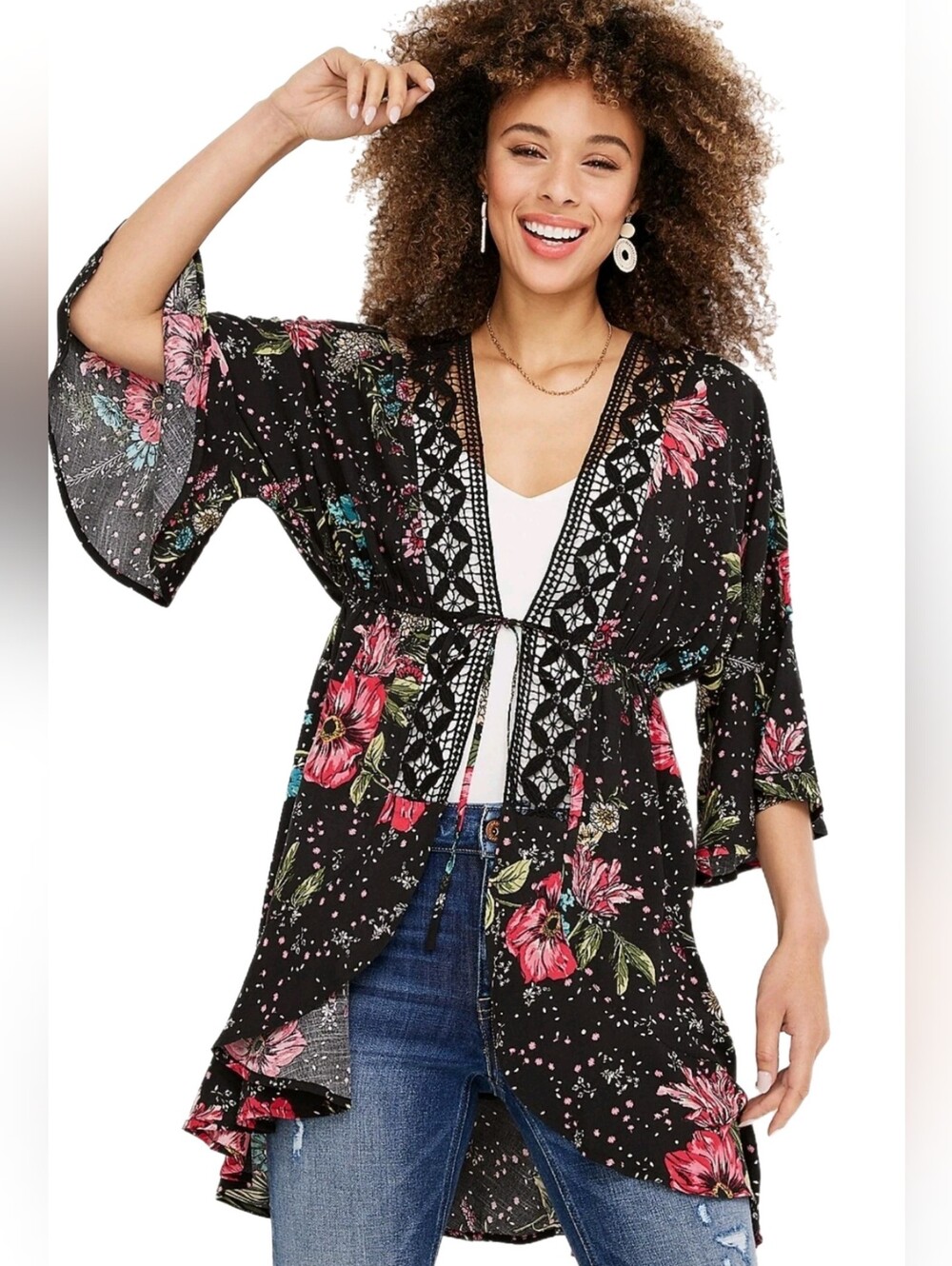 "Maurices" Black Crochet-Trim Floral Kimono - Size XL - EUC